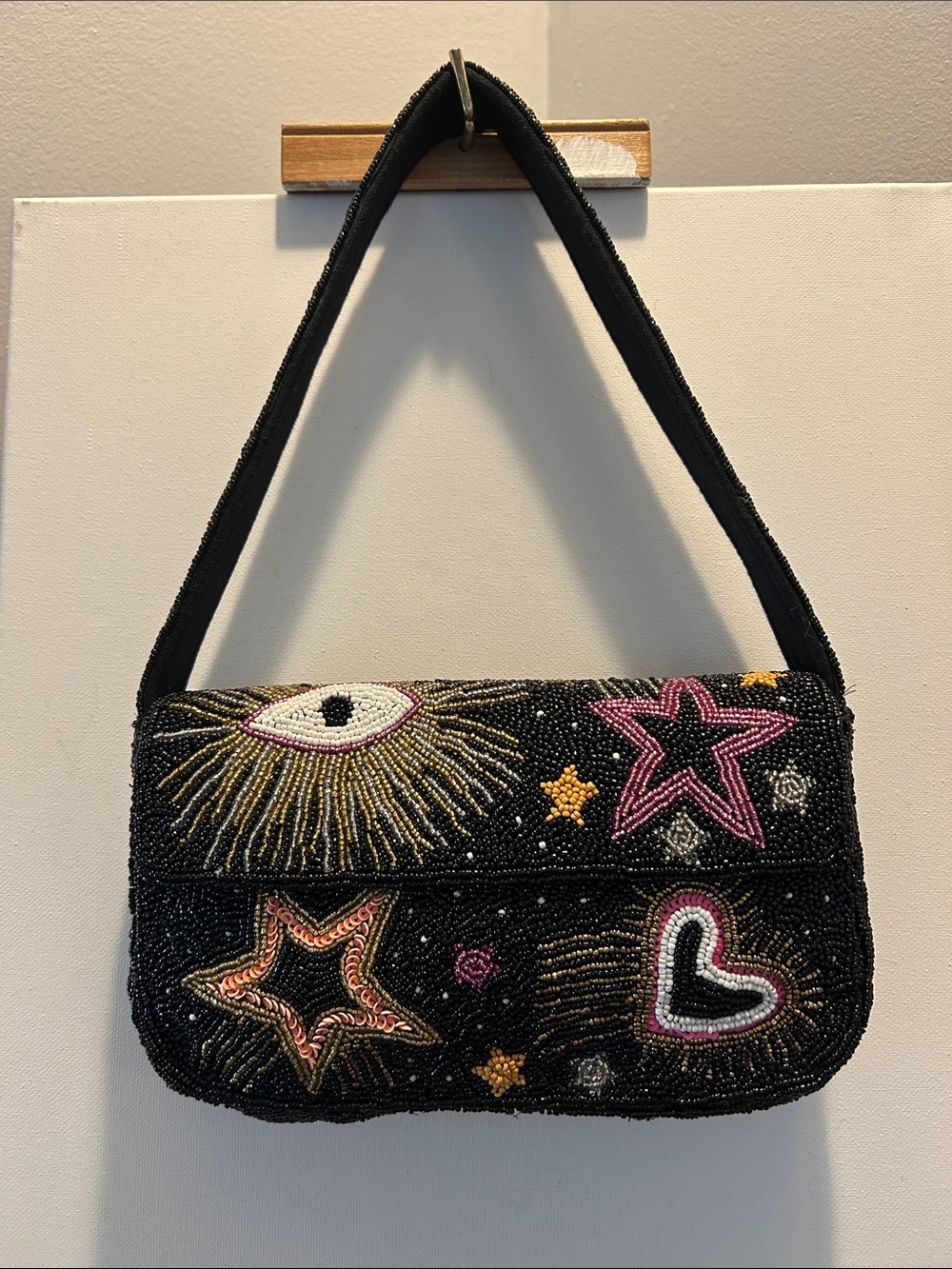 Beaded Black Star & Heart Shoulder Bag